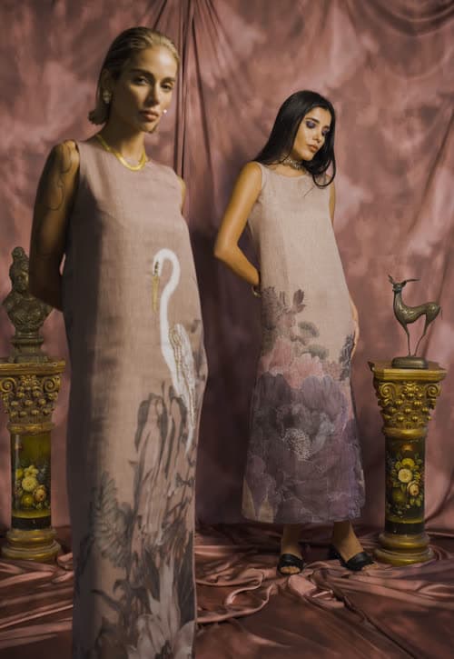 Flat White campaign — swan and floral print dresses