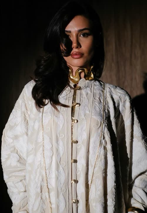 Urbanhyper campaign — embroidered coat with gold jewelry