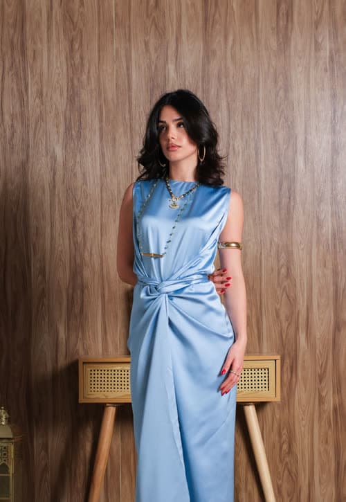 Urbanhyper campaign — blue satin wrap dress